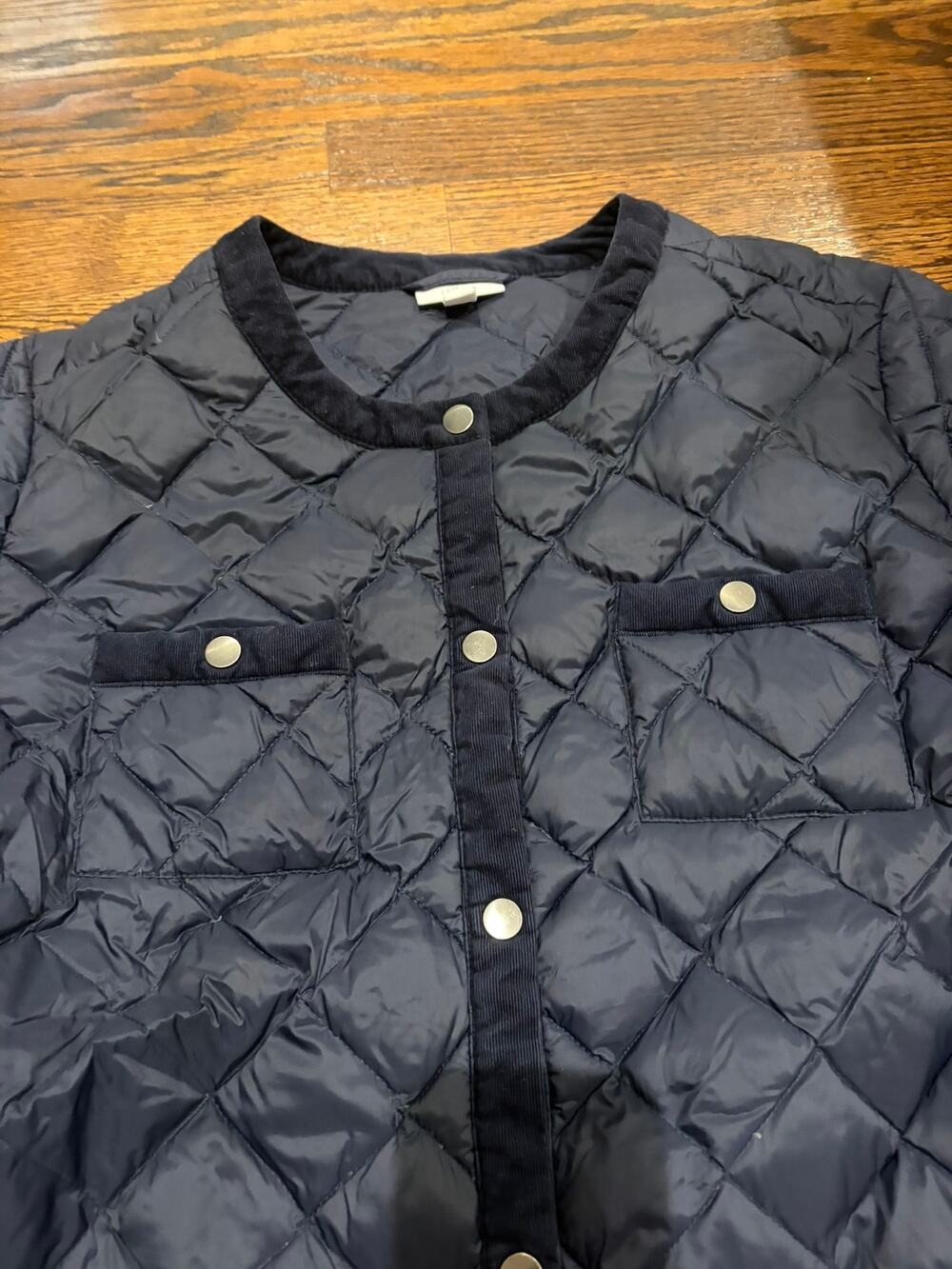 J Jill Jacket Womens XLP Blue Quilted Button Up Down Filled Collarless Coat